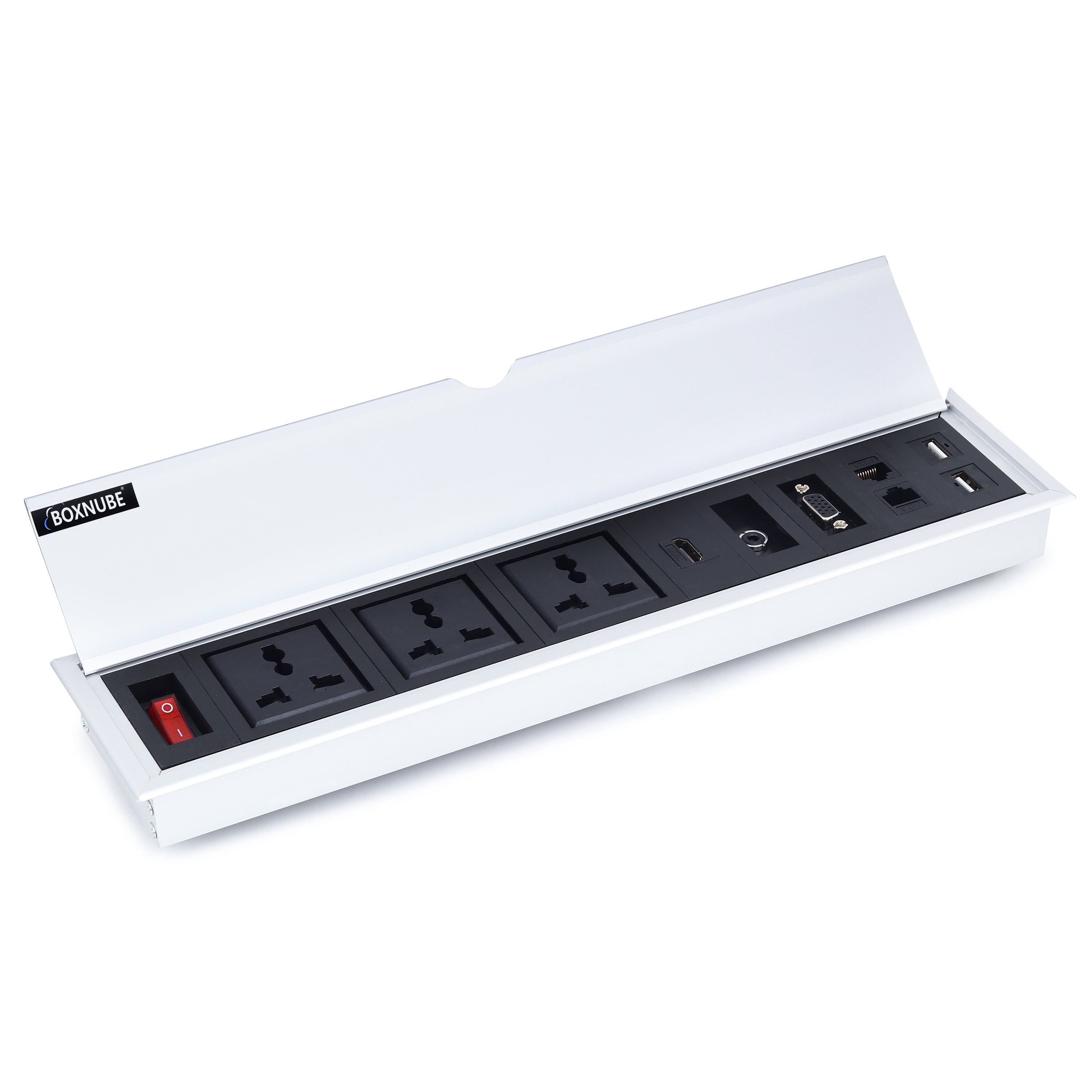 BOXNUBE Fliptop Box Cable Cubby Extension Board with On/Off Switch, Universal Power Sockets, LAN , HDMI , VGA , Aux , USB-A Ports BOXNUBE Fliptop Box Cable Cubby Extension Board with On/Off Switch, Universal Power Sockets, LAN , HDMI , VGA , Aux , USB-A Ports
